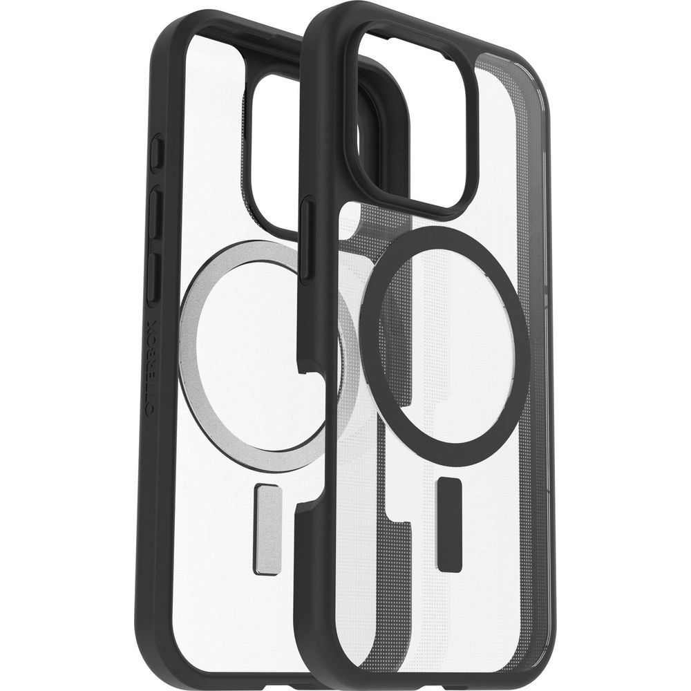 Due custodie nere per iPhone con retro trasparente e anello magnetico.