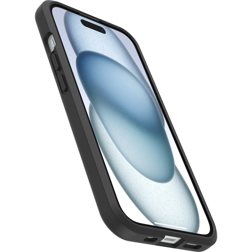Schwarzes Handy mit einer Hülle im Dreiviertelprofil auf weißem Hintergrund.