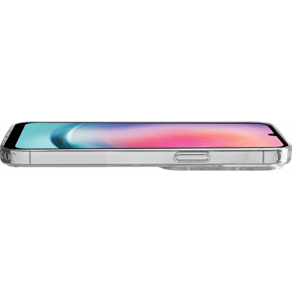 Una custodia trasparente per telefono con uno smartphone che mostra uno sfondo colorato.