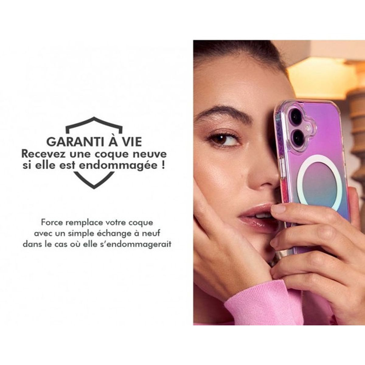 Donna con cover viola per telefono, con testo di garanzia a vita sul lato sinistro.