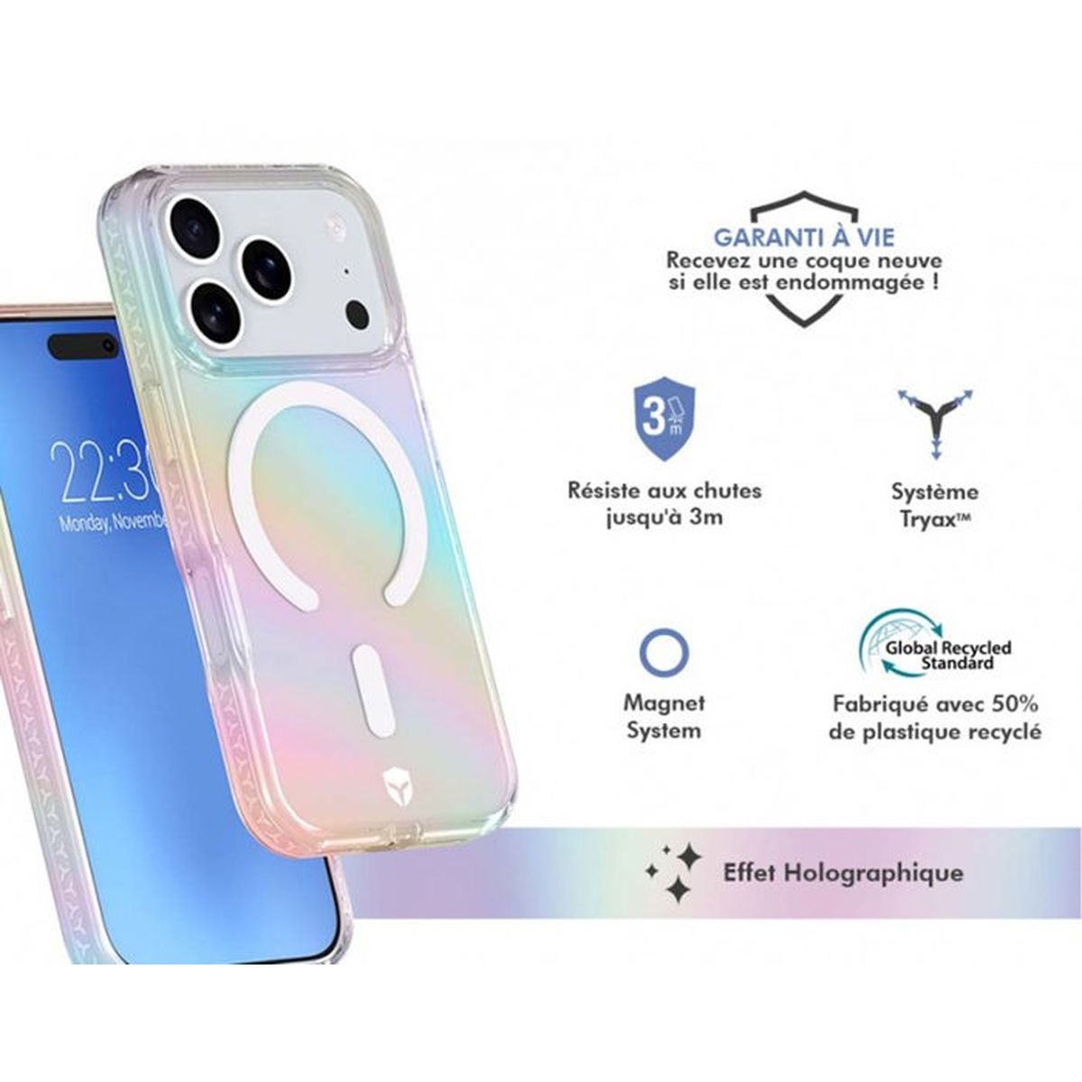 Ein transparentes Handycover mit holografischem Schimmer, das auf einem Handy mit 22:3 Uhr angezeigt wird.