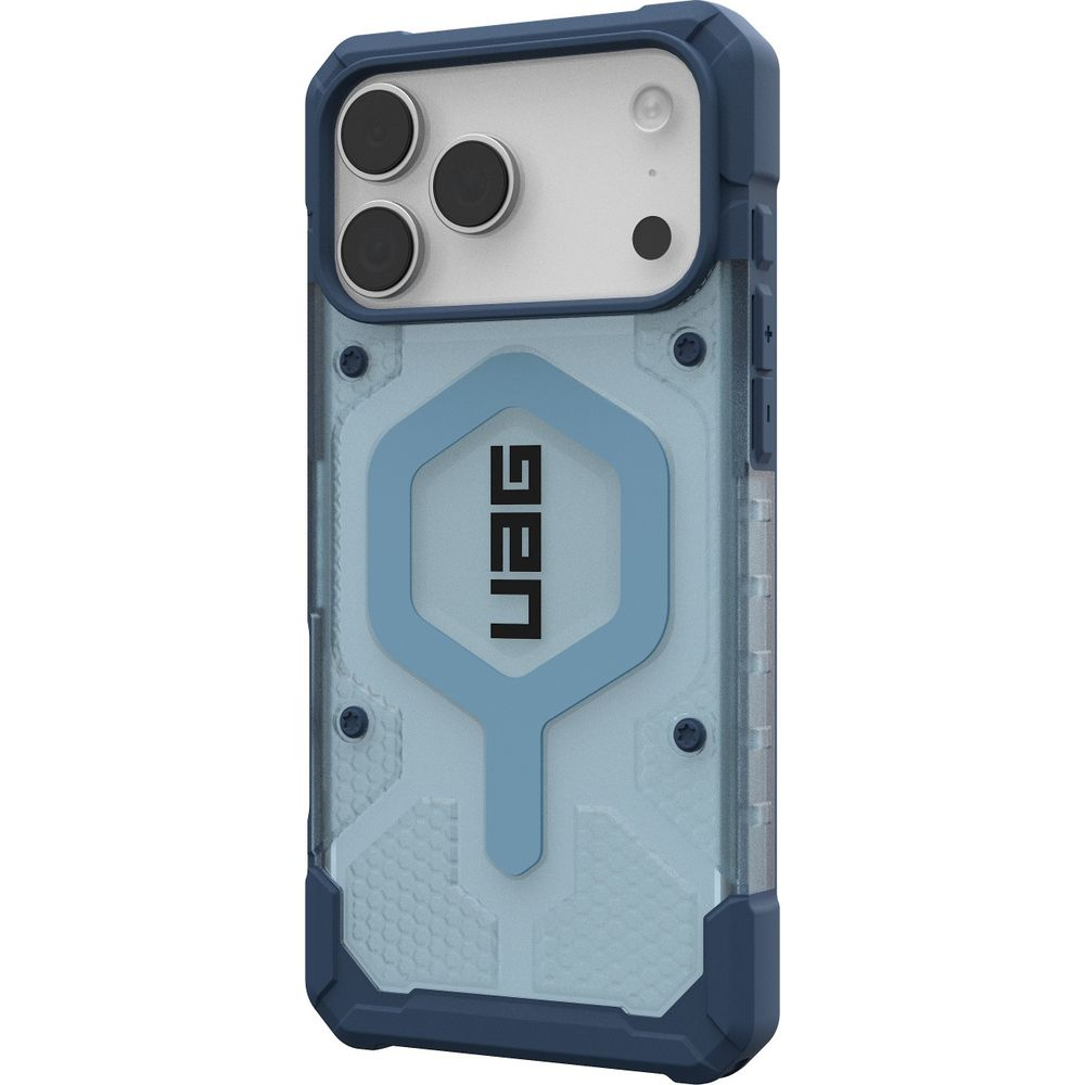 Niebiesko-przezroczyste etui na telefon z logo UAG na białym tle.