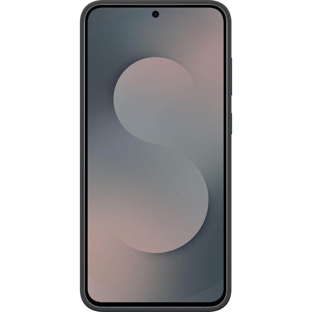 Uno smartphone nero con un motivo di sfondo a forma di S.