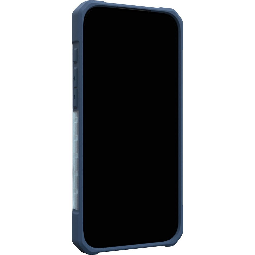Niebieski smartfon z czarnym ekranem i bocznymi przyciskami.