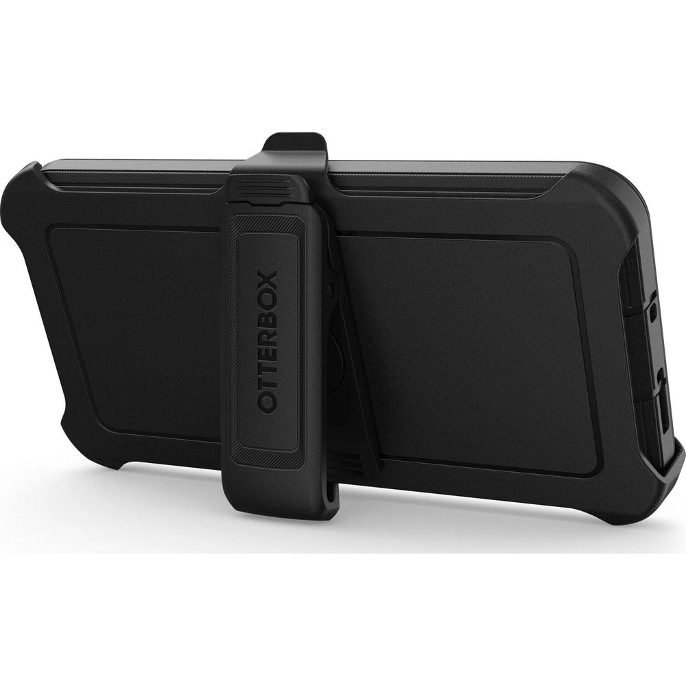 Zwarte Otterbox telefoonhoes met clip, op witte achtergrond.