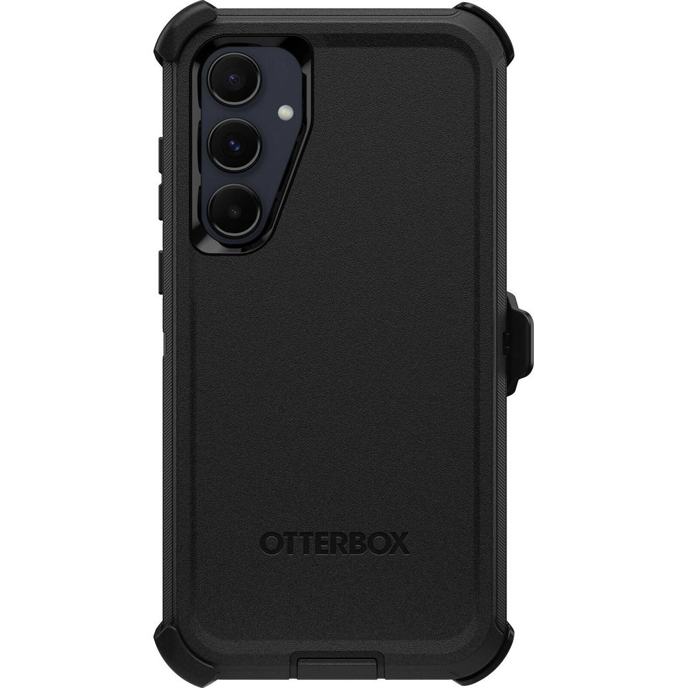 Zwarte Otterbox telefoonhoes met drie cameralenzen en riemclip.