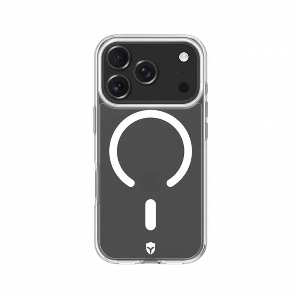 Custodia trasparente per telefono con ritaglio fotocamera e simbolo bianco cerchio/trattino.