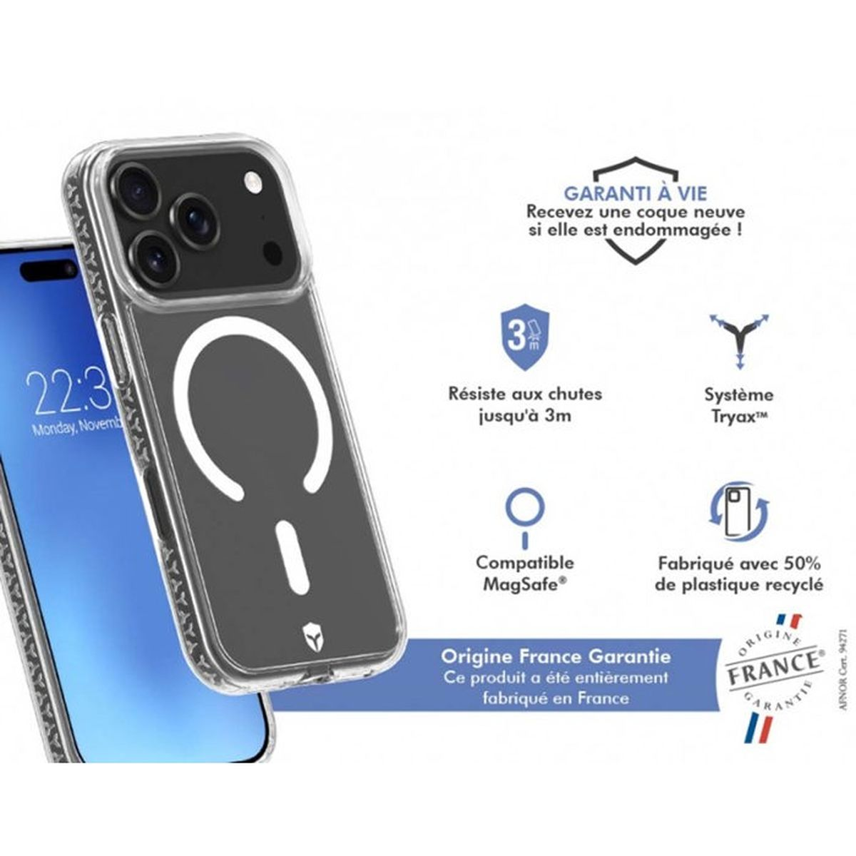 Custodia iPhone MagSafe, protezione caduta 3m, garanzia a vita, made in France.