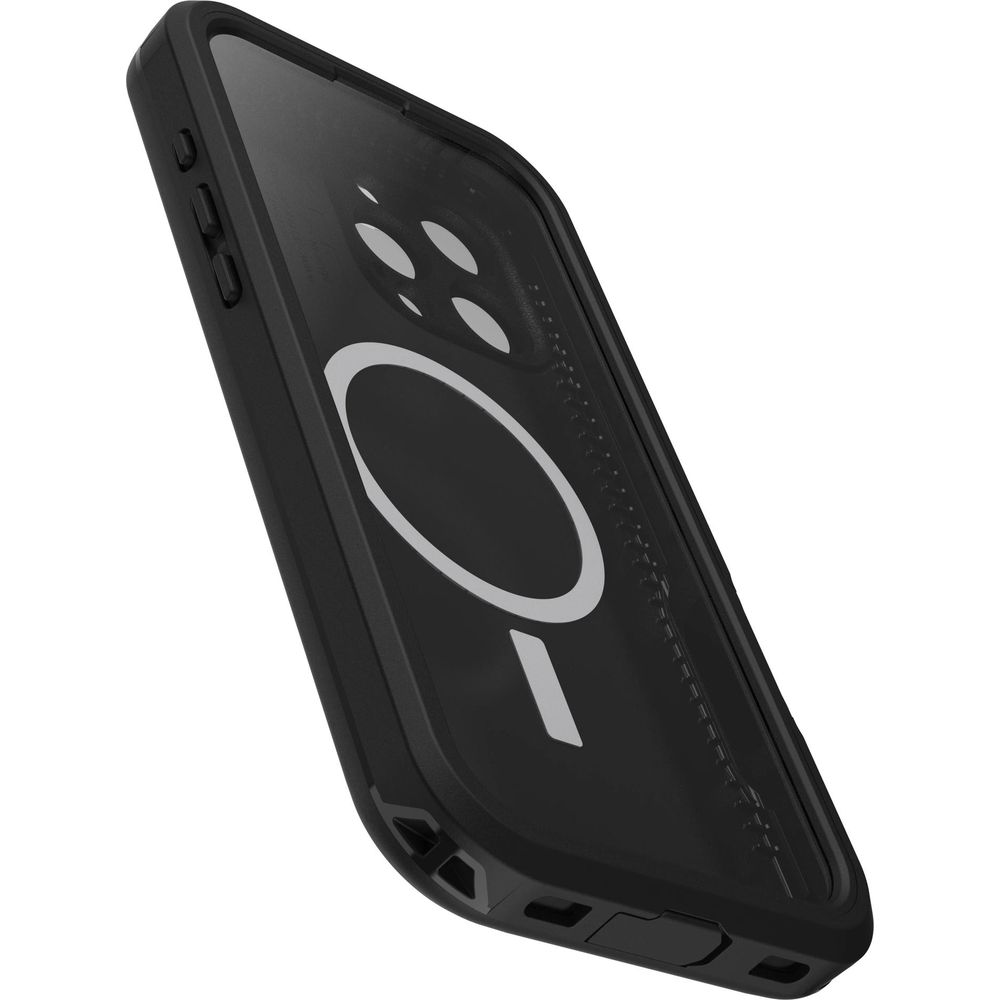 Zwarte telefoonhoes met witte cirkel en streepjespatroon.
