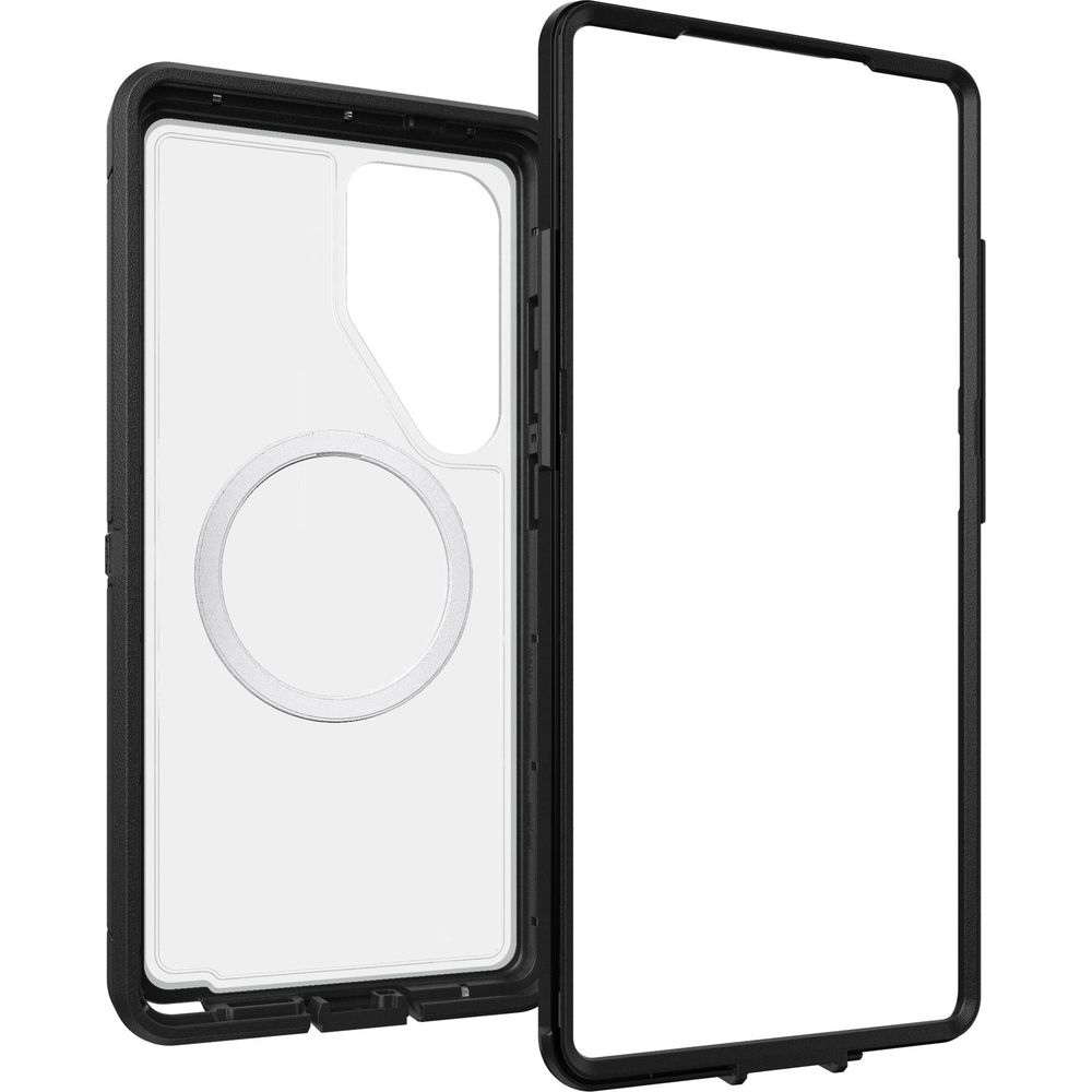 Zwarte telefoonhoes met doorzichtige achterkant en magneetring.