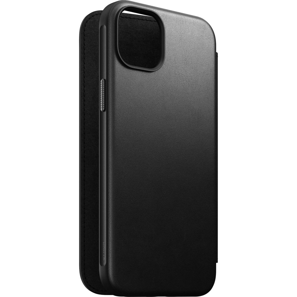 Custodia nera per iPhone con copertina a libro, scatto in studio.
