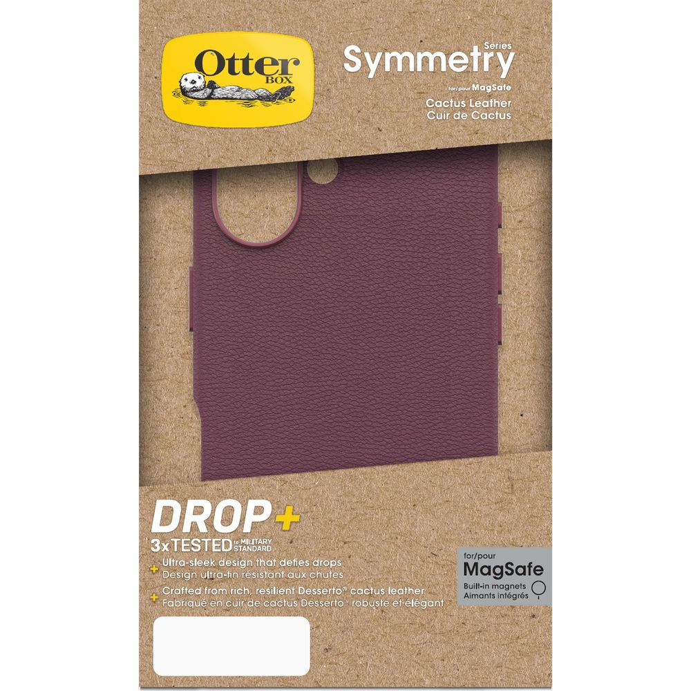 Coque OtterBox Symmetry en cuir de cactus, coloris prune, pour MagSafe.