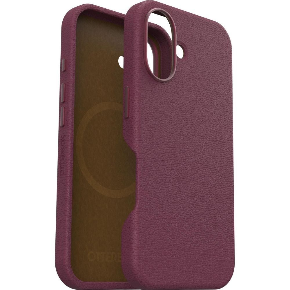Une coque de téléphone bordeaux aspect cuir avec découpes.