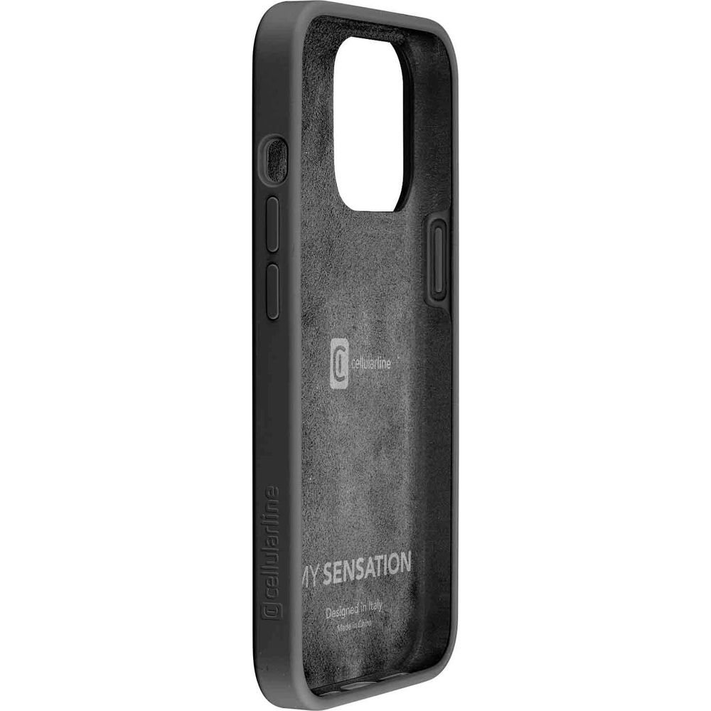 Funda de teléfono gris oscuro, vista interior con logo y texto.