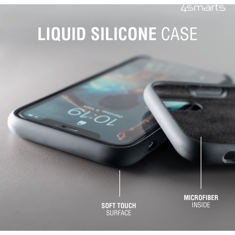 Custodia in silicone grigio con fodera in microfibra e superficie morbida.