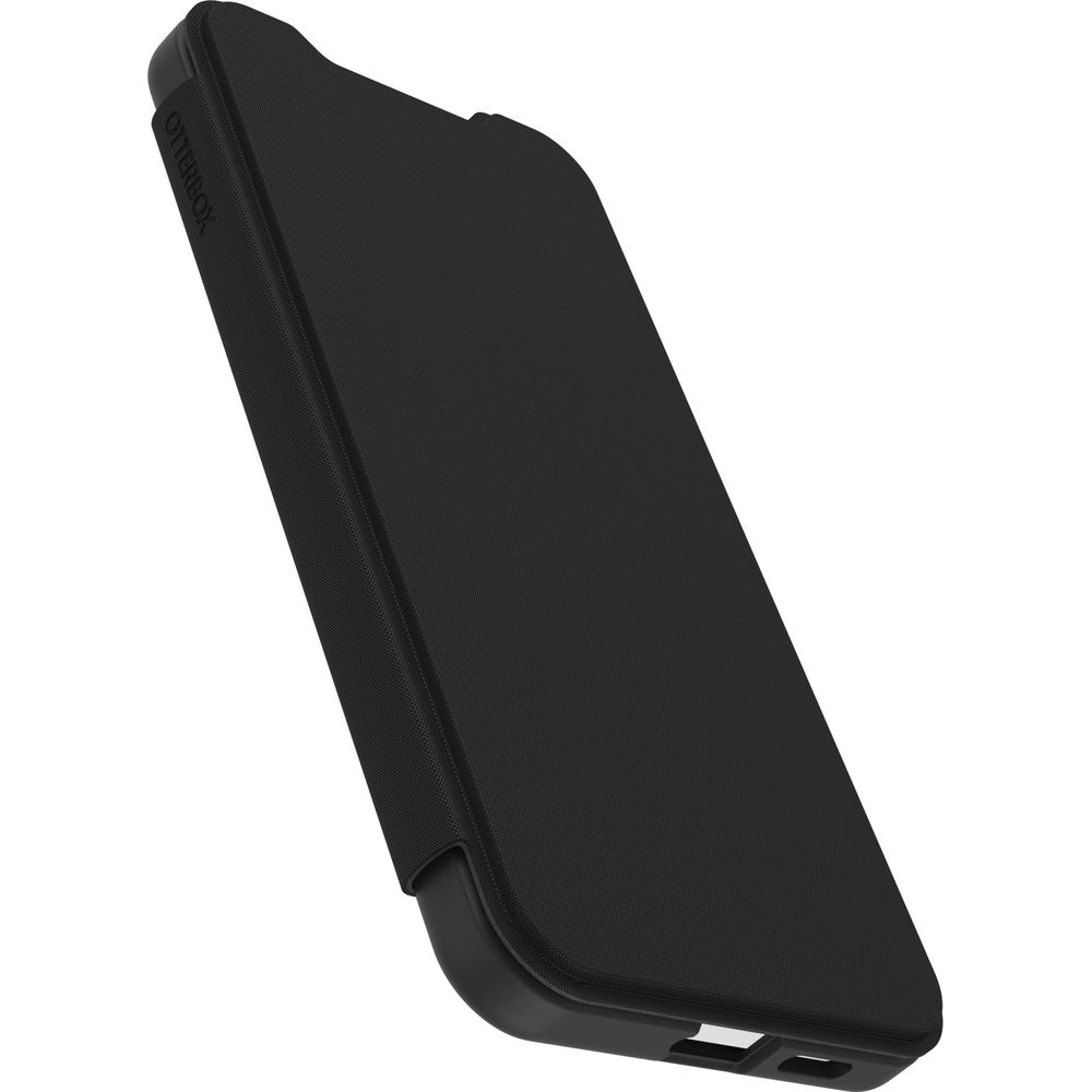 Zwarte Otterbox telefoonhoes met stoffen textuur, op witte achtergrond.