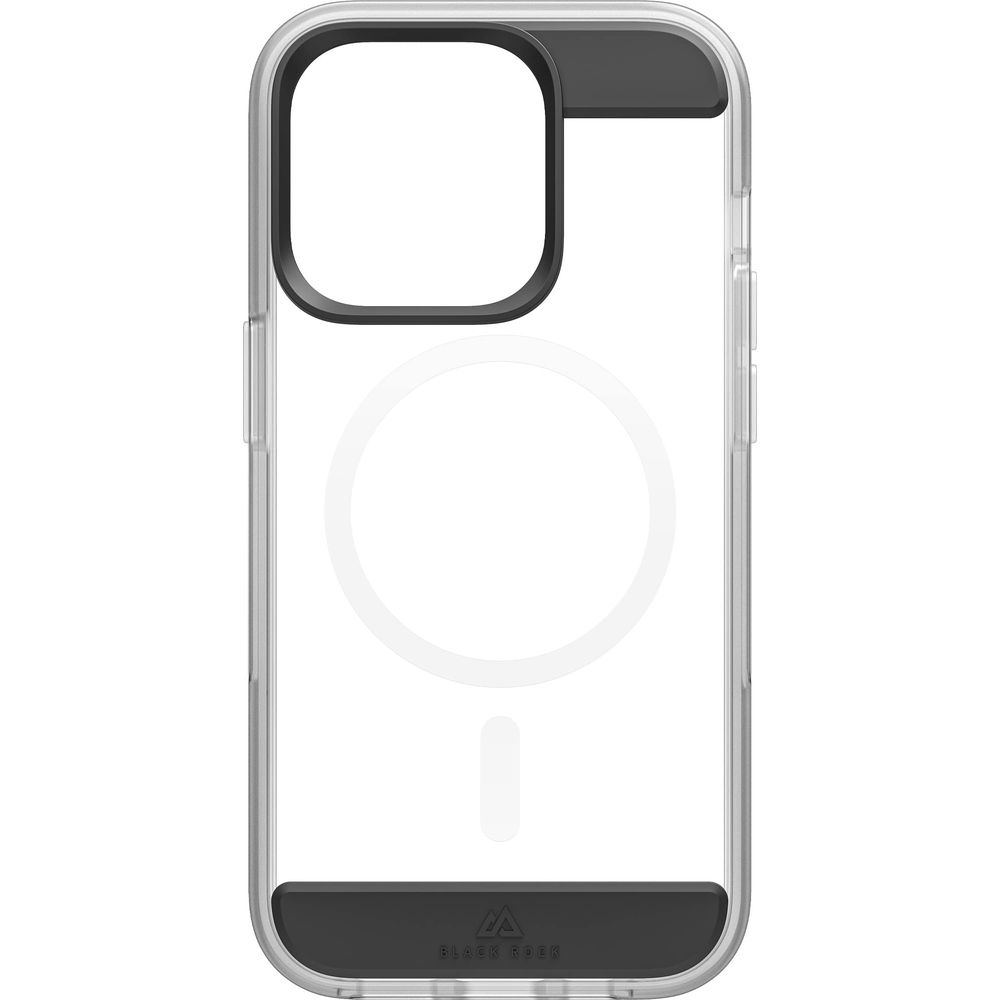 Coque transparente avec bumper noir et anneau magnétique.