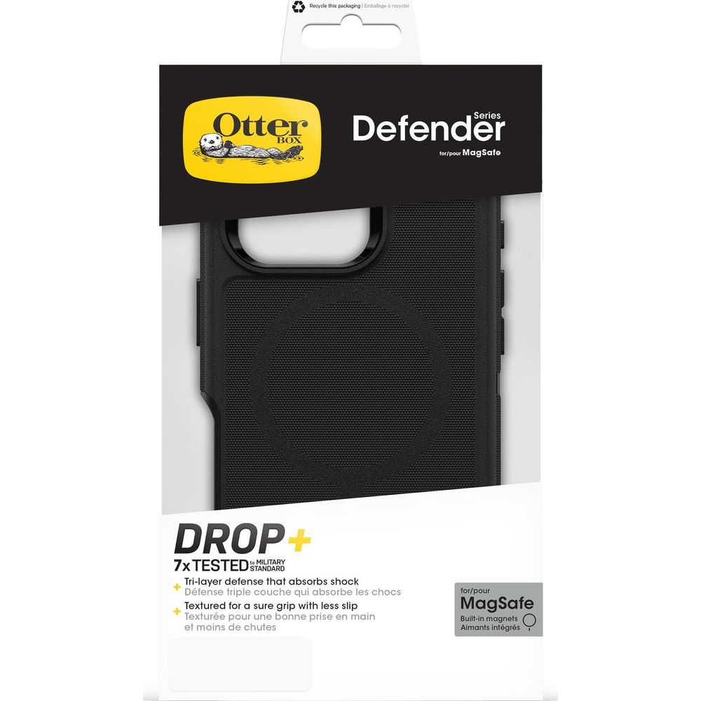 Coque noire Otterbox Defender MagSafe pour téléphone avec texte.