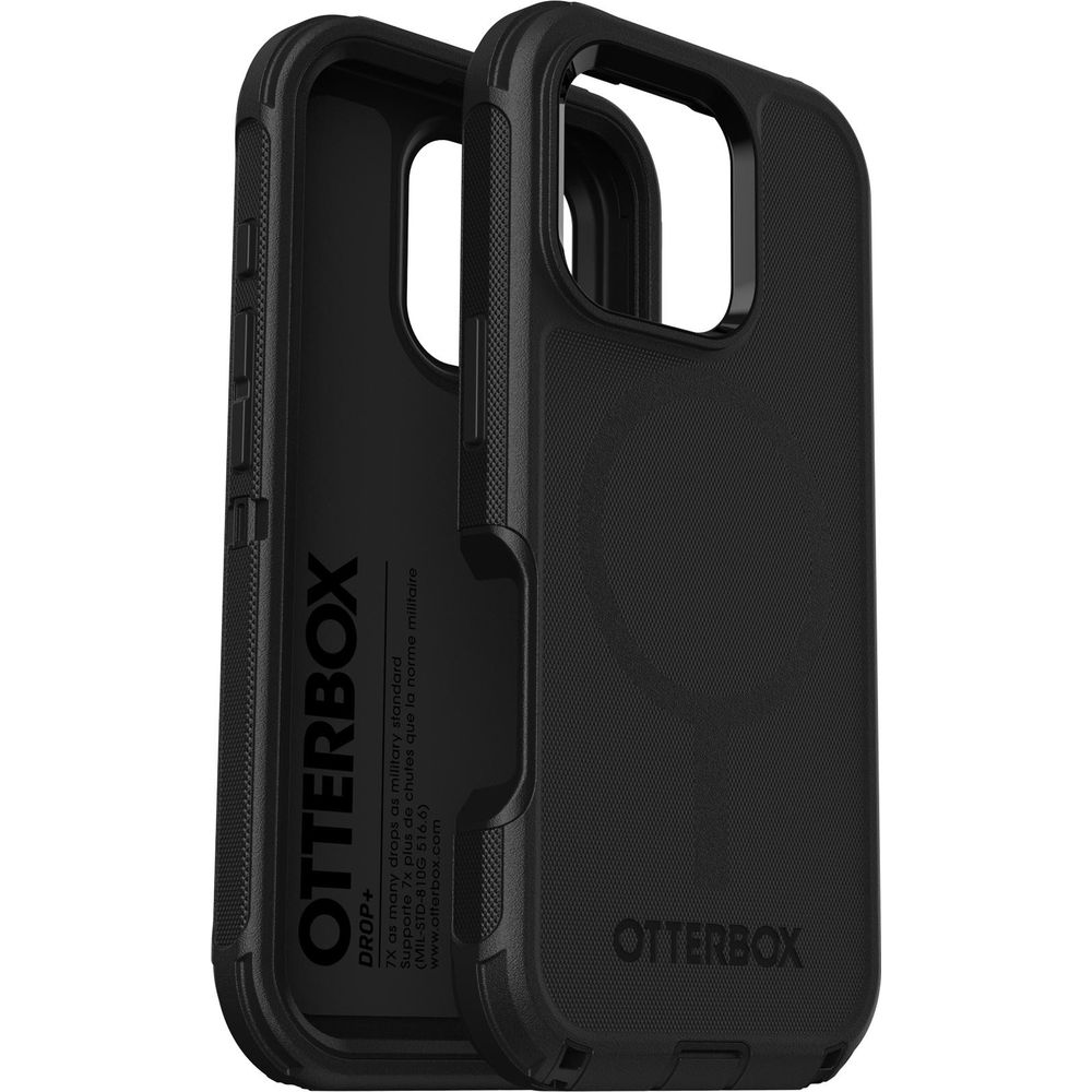 Deux coques de téléphone Otterbox noires, côte à côte. L'une montre les détails intérieurs.