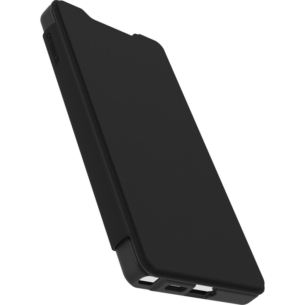 Custodia nera Otterbox per telefono con superficie testurizzata e ritagli.
