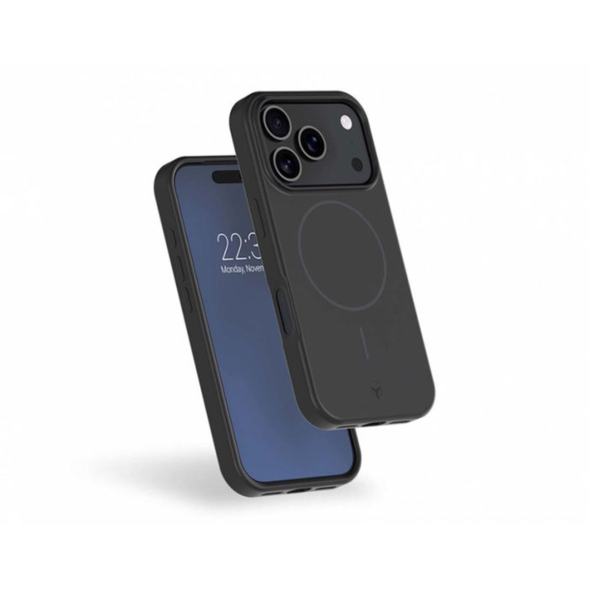 Un iPhone nero con custodia, adagiato su una superficie bianca.