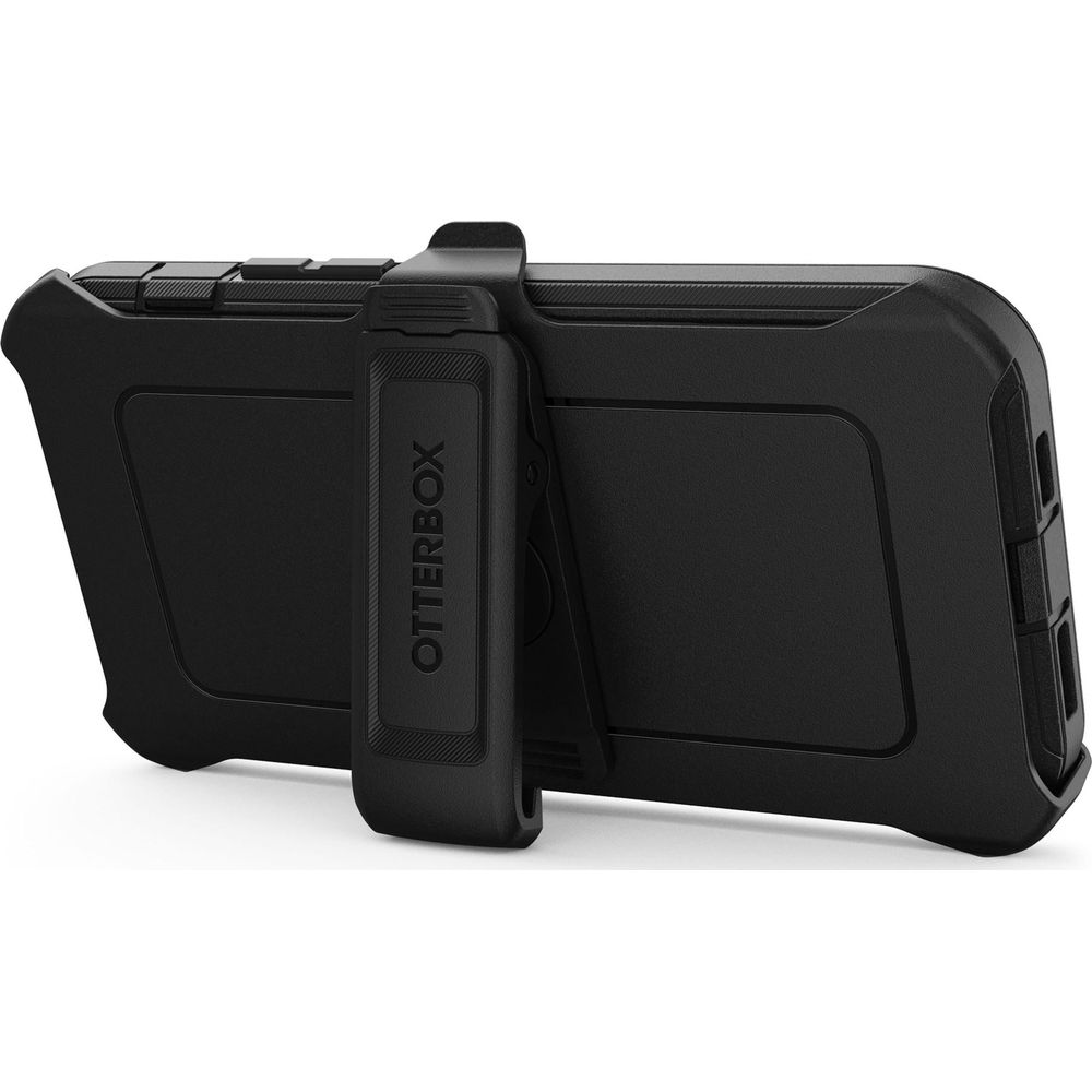 Coque noire Otterbox pour téléphone avec clip ceinture, vue latérale.