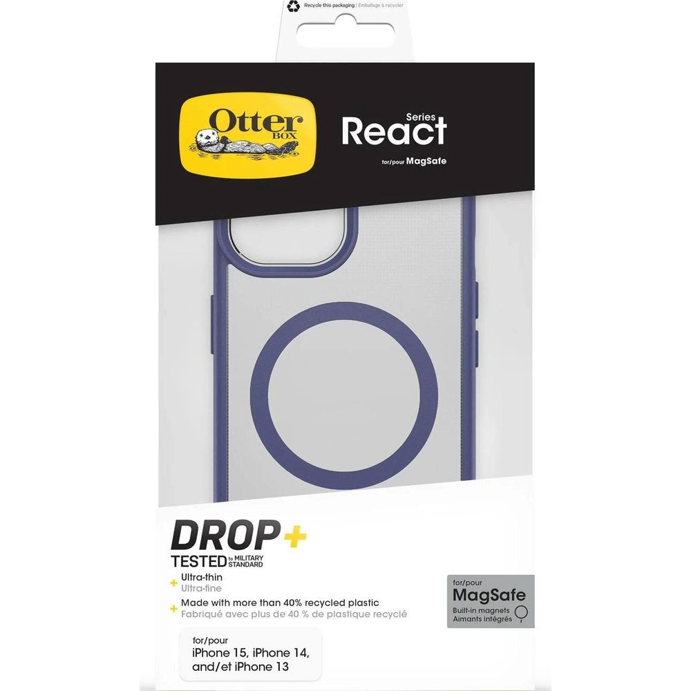 Custodia OtterBox React per iPhone 15/14/13 con MagSafe, plastica riciclata.