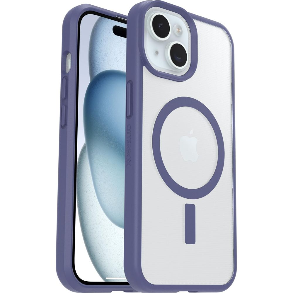Custodia viola per iPhone con retro trasparente e logo Apple.
