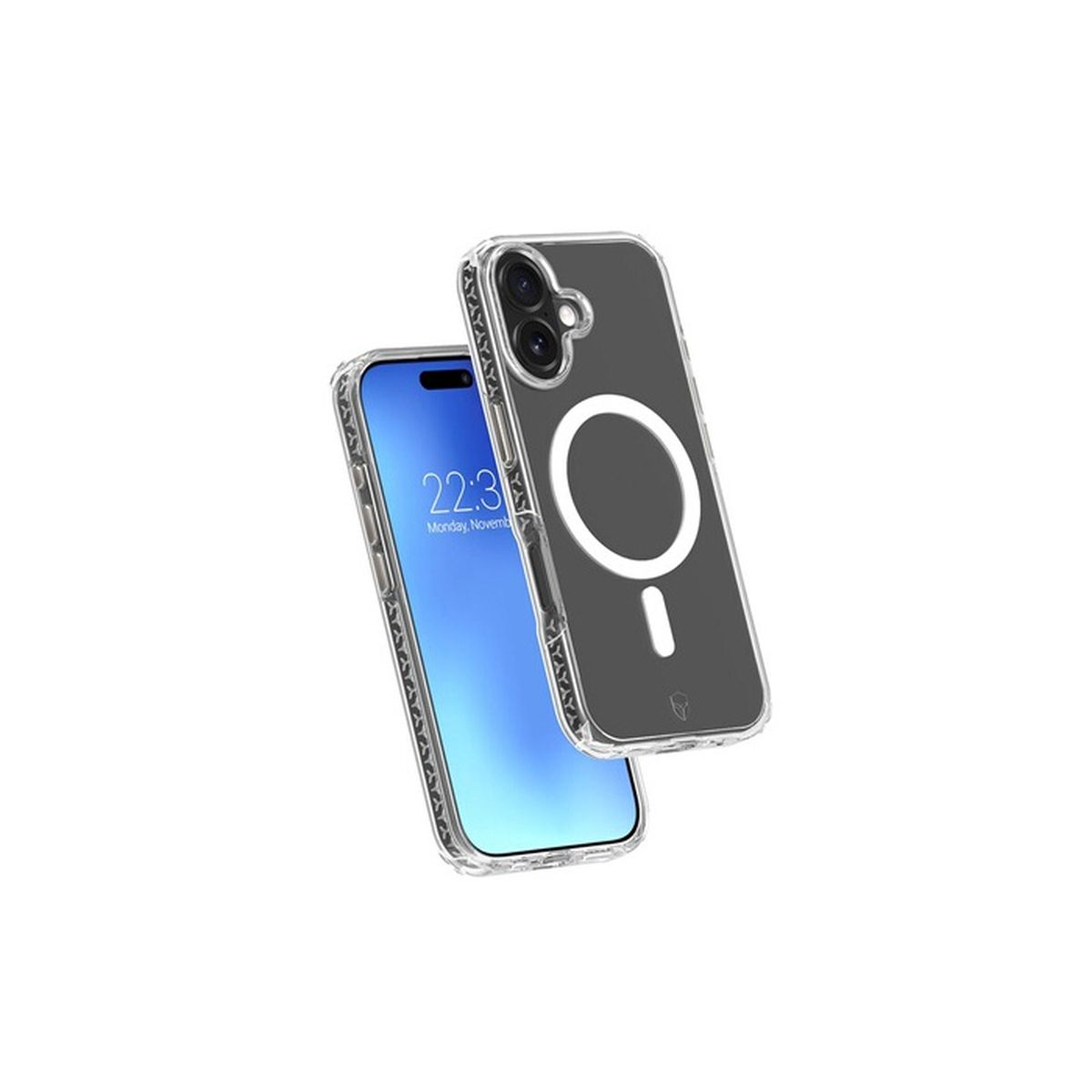 Custodia trasparente con MagSafe su smartphone che mostra le 22:31.