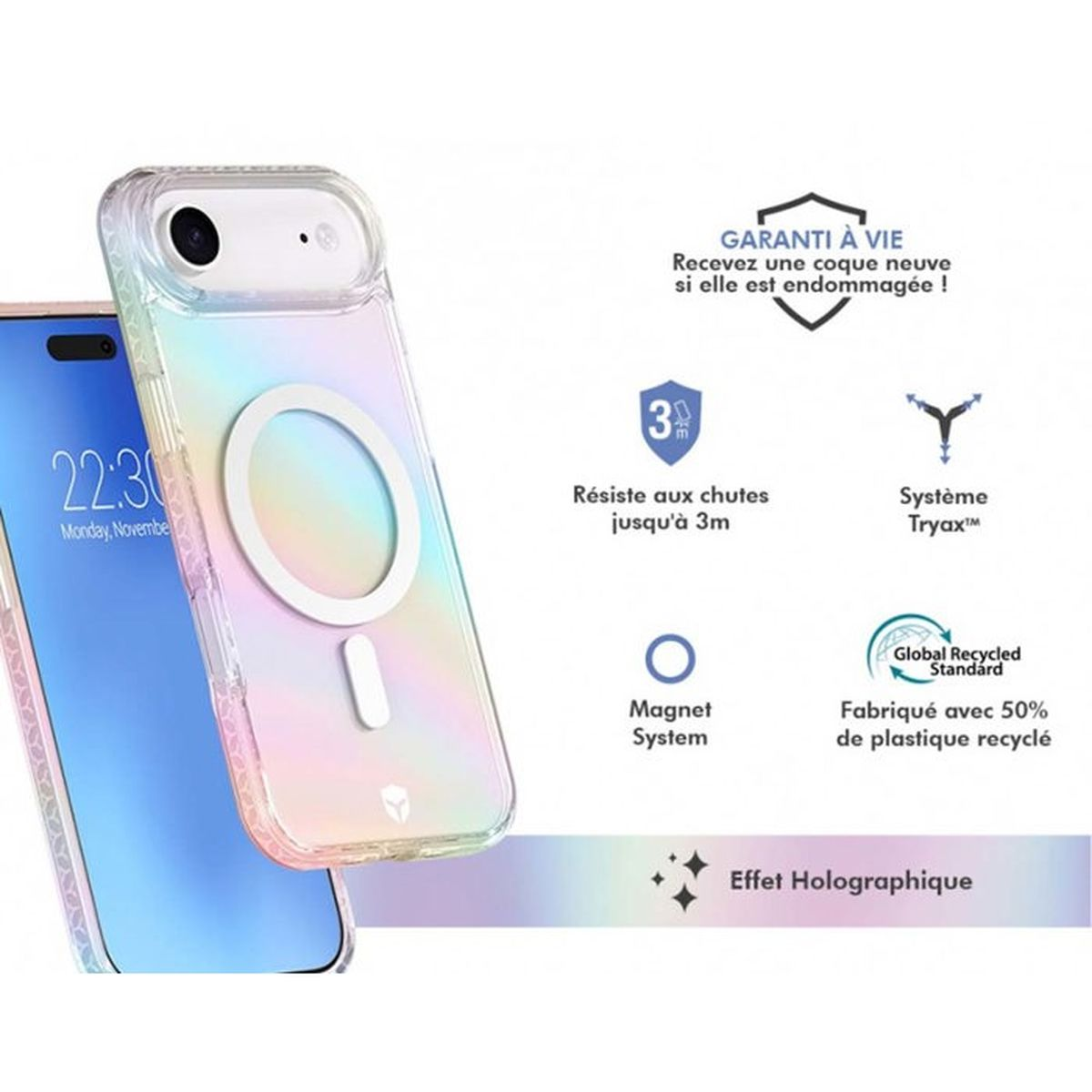 Custodia trasparente per telefono con sistema magnetico ed effetto olografico.