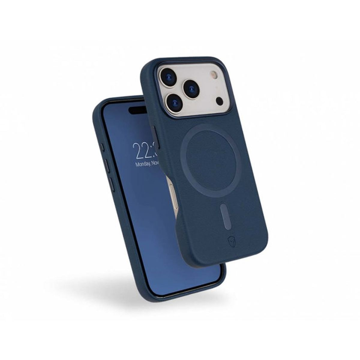 Telefono blu scuro con cover, mostra ora 22:00, lunedì nov.