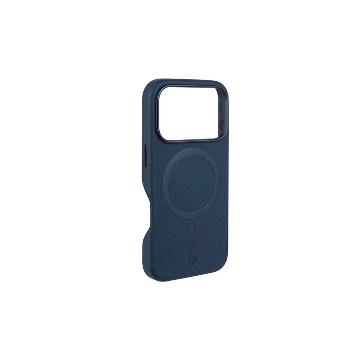 Custodia blu scuro per telefono con cerchio magnetico e icona.