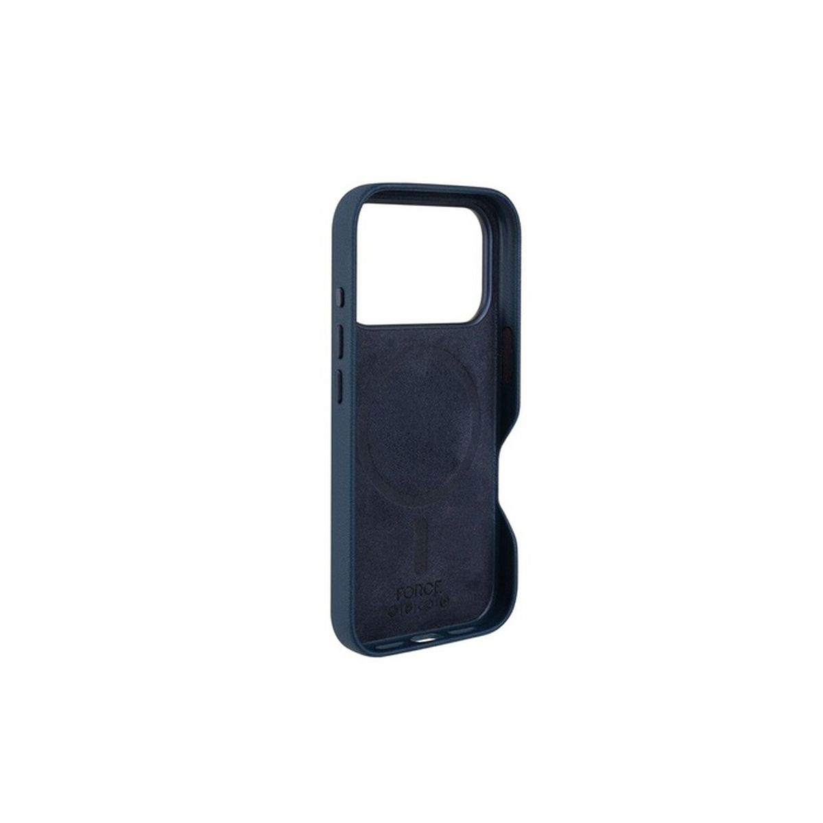 Custodia blu scuro per telefono con anello magnetico MagSafe, fodera interna, scritta bianca.