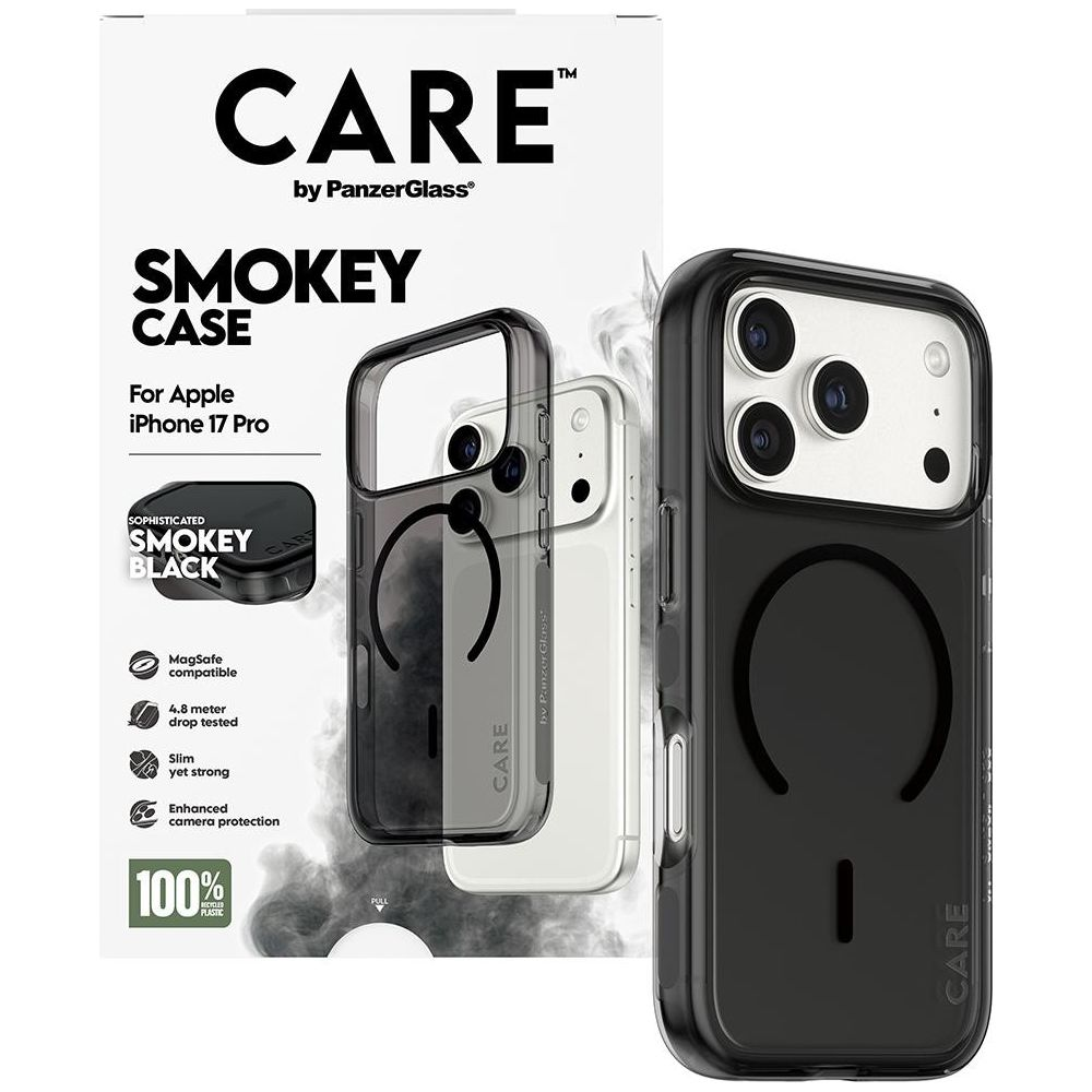 CARE marka iki iPhone 17 Pro kılıfı. Biri şeffaf, diğeri dumanlı siyahtır.