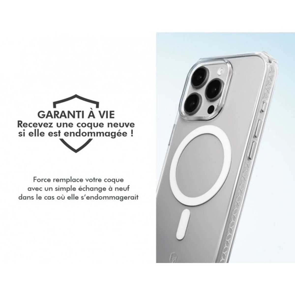 Custodia trasparente per telefono con anello MagSafe e apertura fotocamera.
