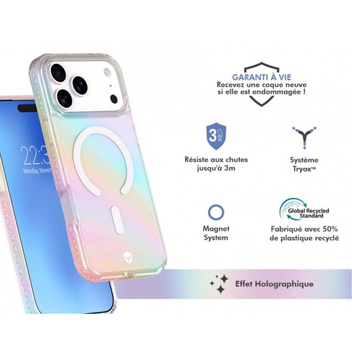 Custodia olografica trasparente con protezione caduta 3m e sistema magnetico.