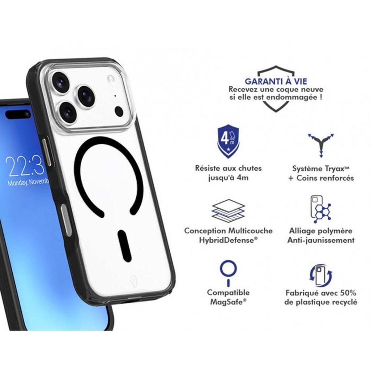 Custodia iPhone con compatibilità MagSafe e protezione caduta, 50% riciclata.