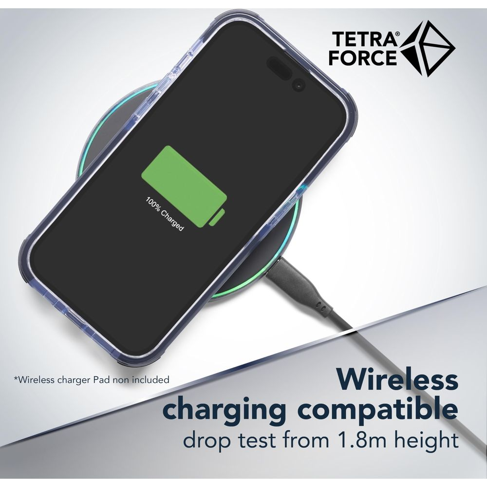 Telefono in custodia su caricabatterie wireless, 100% carico. Testo: Compatibile ricarica wireless.