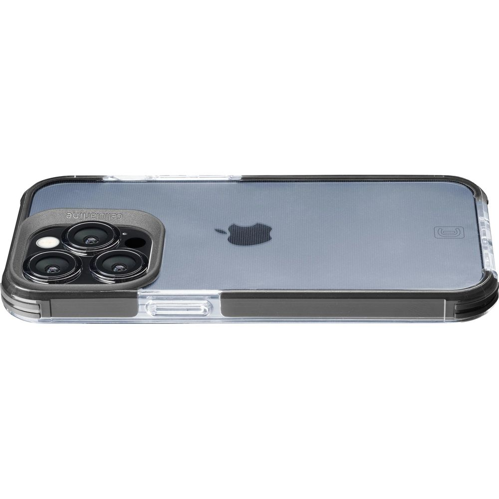 Una custodia trasparente per telefono con cornice scura mostra tre obiettivi della fotocamera.