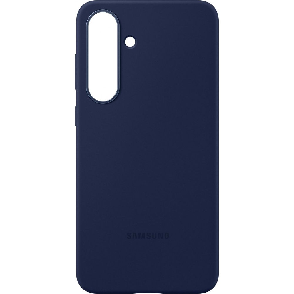 Custodia blu scuro per telefono con ritaglio fotocamera e logo Samsung.