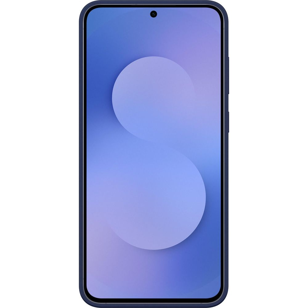 Uno smartphone scuro con custodia blu e un cerchio viola sullo schermo.