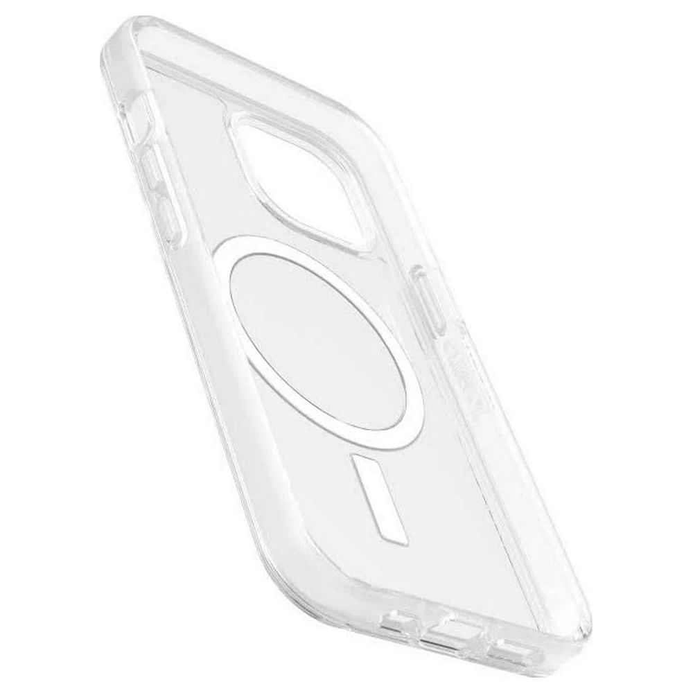 Transparante telefoonhoes met magneetring aan de binnenkant, op witte achtergrond.