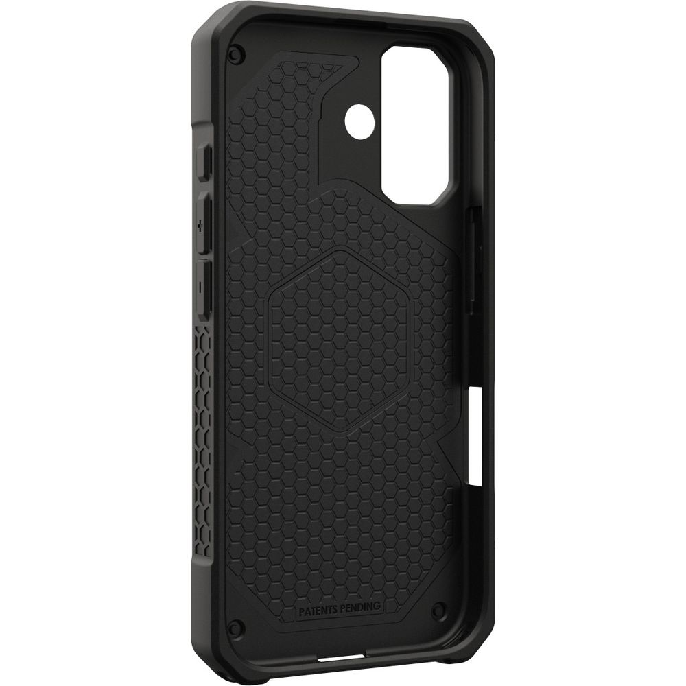 Zwarte, robuuste telefoonhoes met honingraatpatroon en uitsparingen.