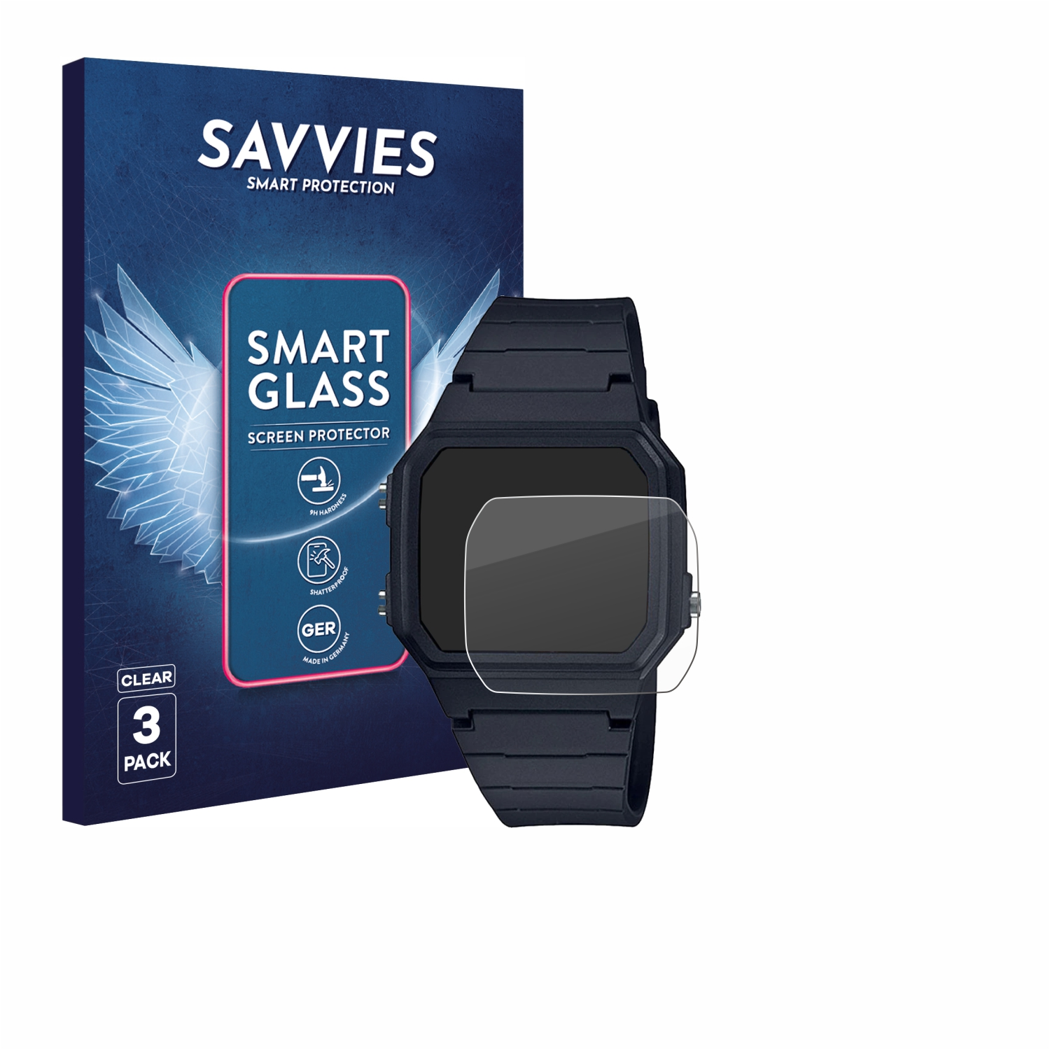 Savvies Smart Glass Displayschutzfolie im 3er-Pack für eine Smartwatch.