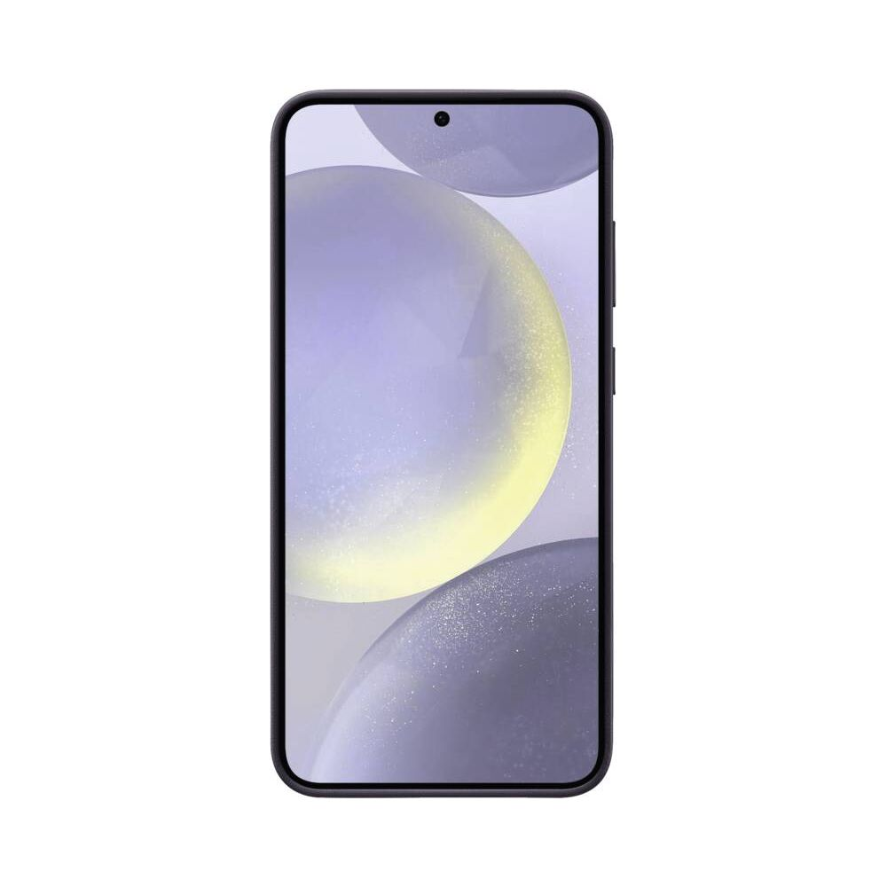 Ein dunkles Smartphone mit einem lilafarbenen, abstrakten Hintergrund.