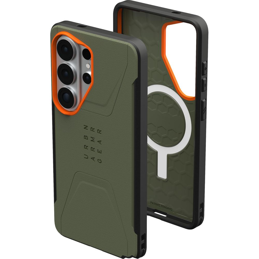 Grüne und orangefarbene Handyhülle mit Kameraaussparung und Magnetring.