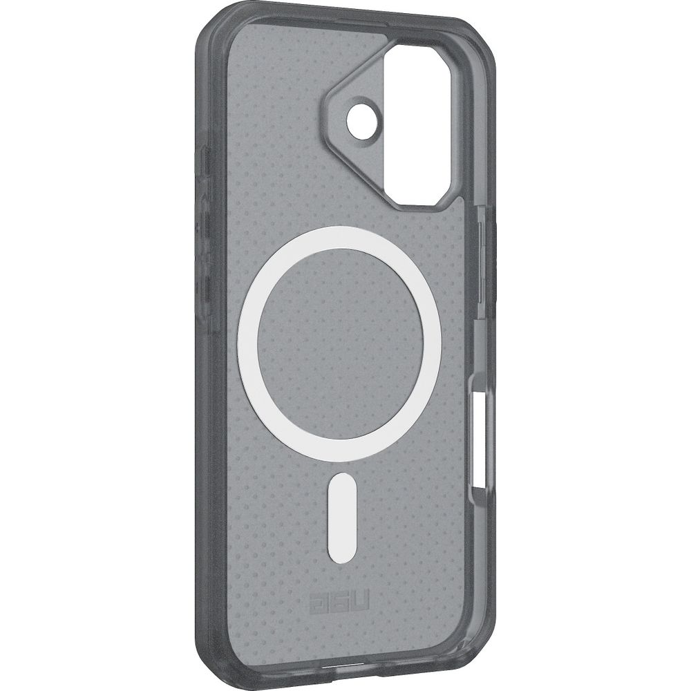 Szara obudowa na telefon z pierścieniem Magsafe i wycięciem na aparat.