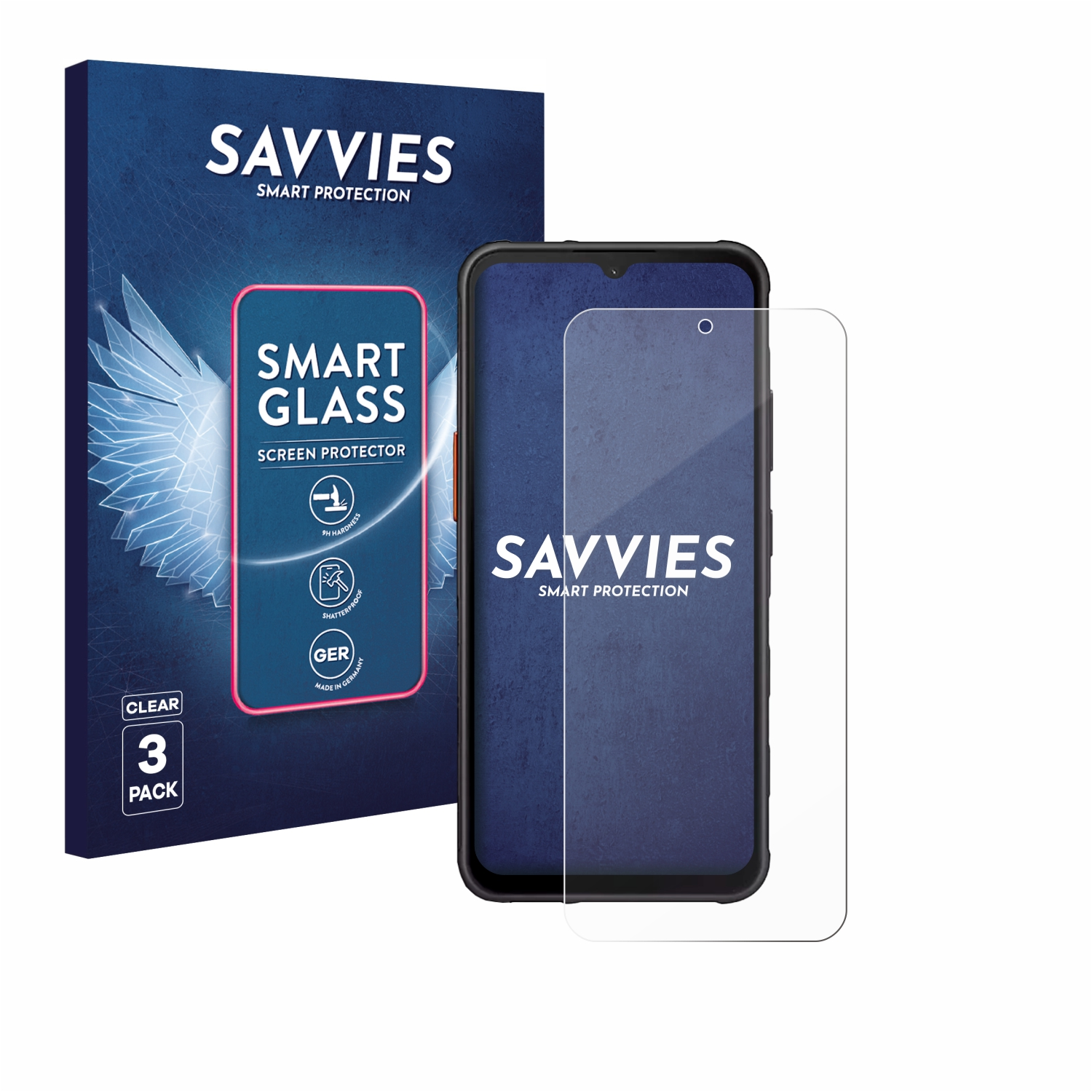 Savvies Displayschutzfolien-Verpackung neben einem Smartphone und einer Displayschutzfolie.