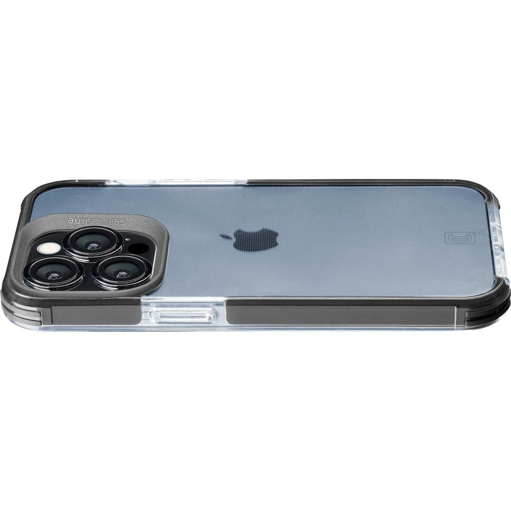 Funda transparente con borde negro y tres lentes de cámara.