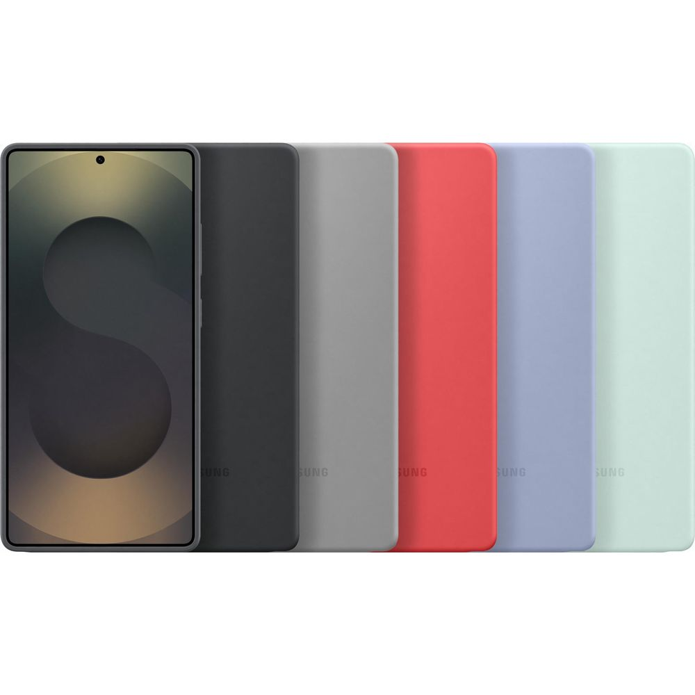 Un smartphone avec un écran sombre, à côté cinq coques de téléphone de couleurs variées.